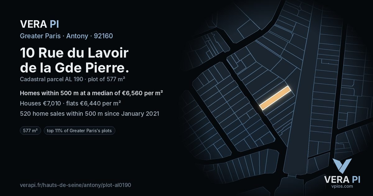 10 Rue du Lavoir de la Gde Pierre, Antony at night – the plot lit, the parcels around coloured by the prices near them