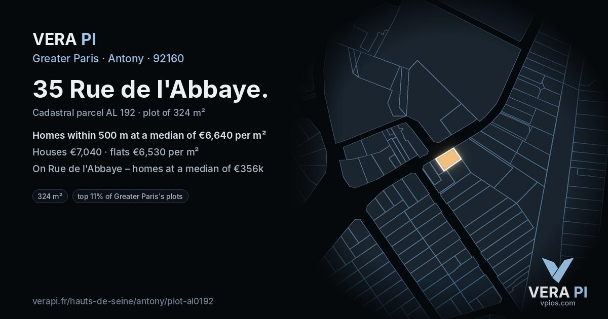 35 Rue de l'Abbaye, Antony at night – the plot lit, the parcels around coloured by the prices near them