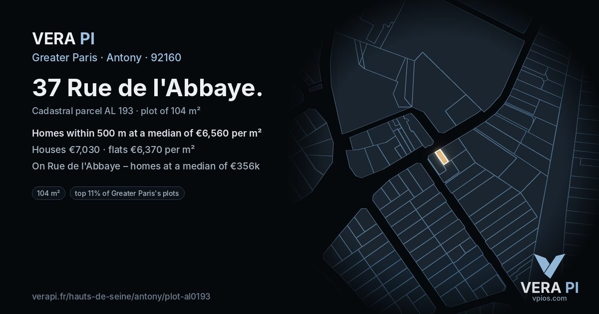 37 Rue de l'Abbaye, Antony at night – the plot lit, the parcels around coloured by the prices near them