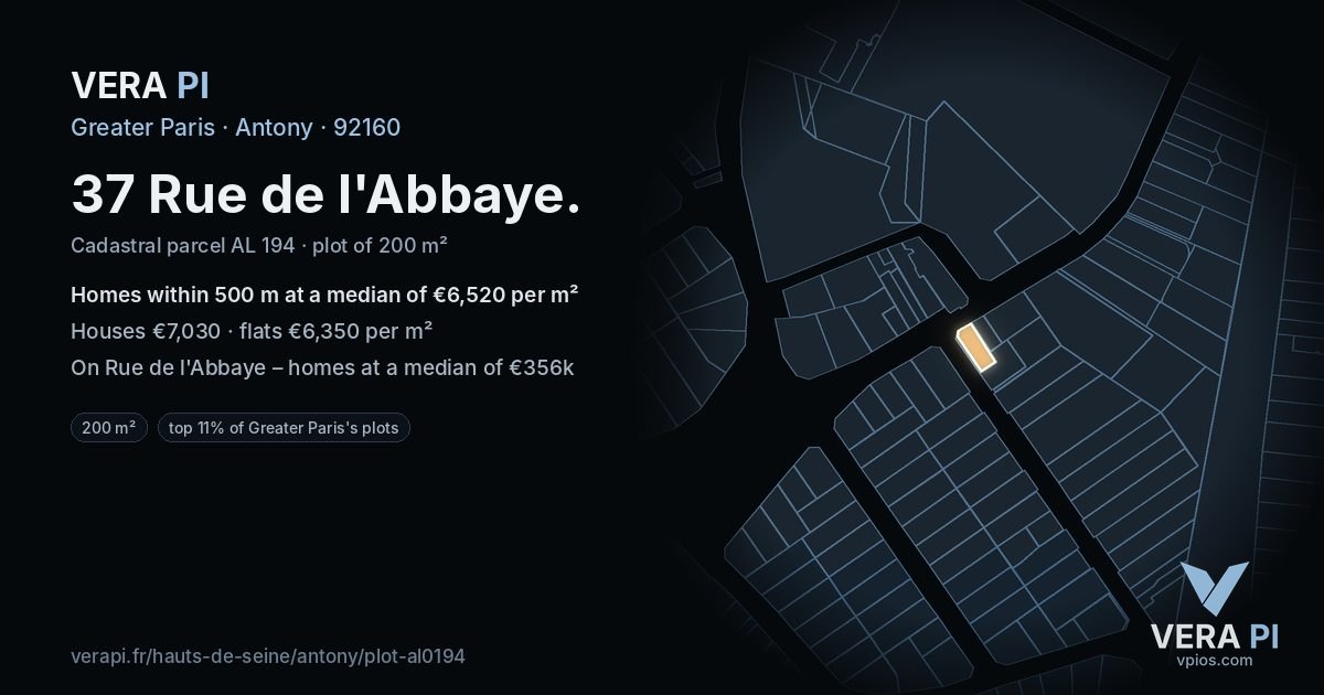 37 Rue de l'Abbaye, Antony at night – the plot lit, the parcels around coloured by the prices near them