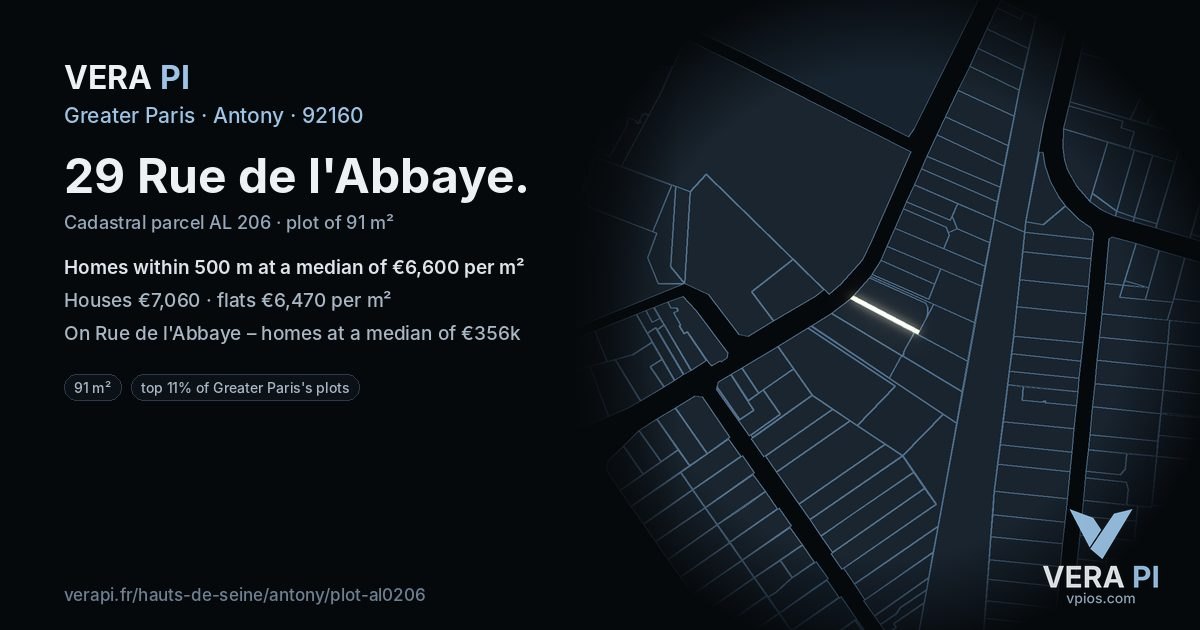 29 Rue de l'Abbaye, Antony at night – the plot lit, the parcels around coloured by the prices near them
