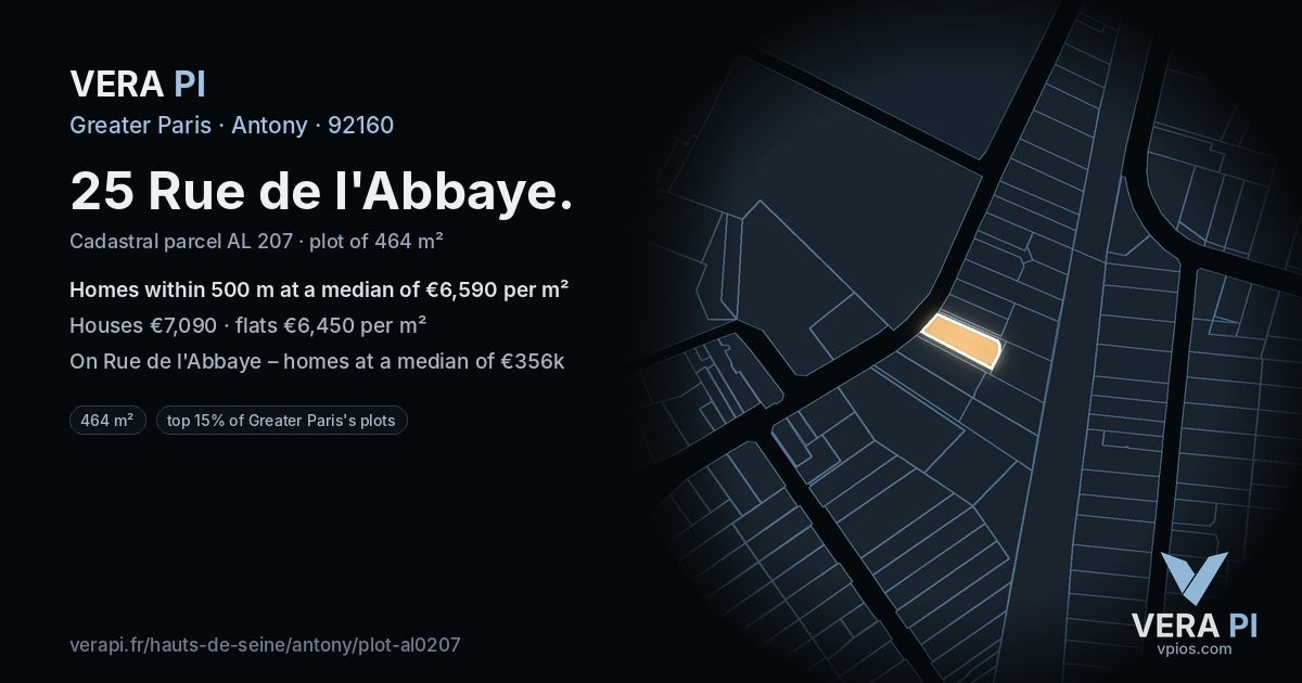 25 Rue de l'Abbaye, Antony at night – the plot lit, the parcels around coloured by the prices near them