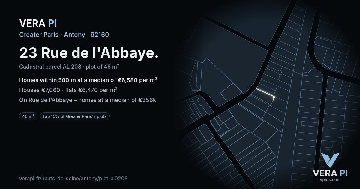 23 Rue de l'Abbaye, Antony at night – the plot lit, the parcels around coloured by the prices near them