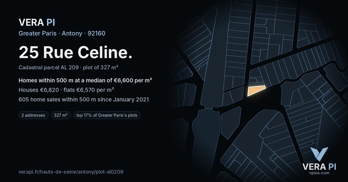 25 Rue Celine, Antony at night – the plot lit, the parcels around coloured by the prices near them