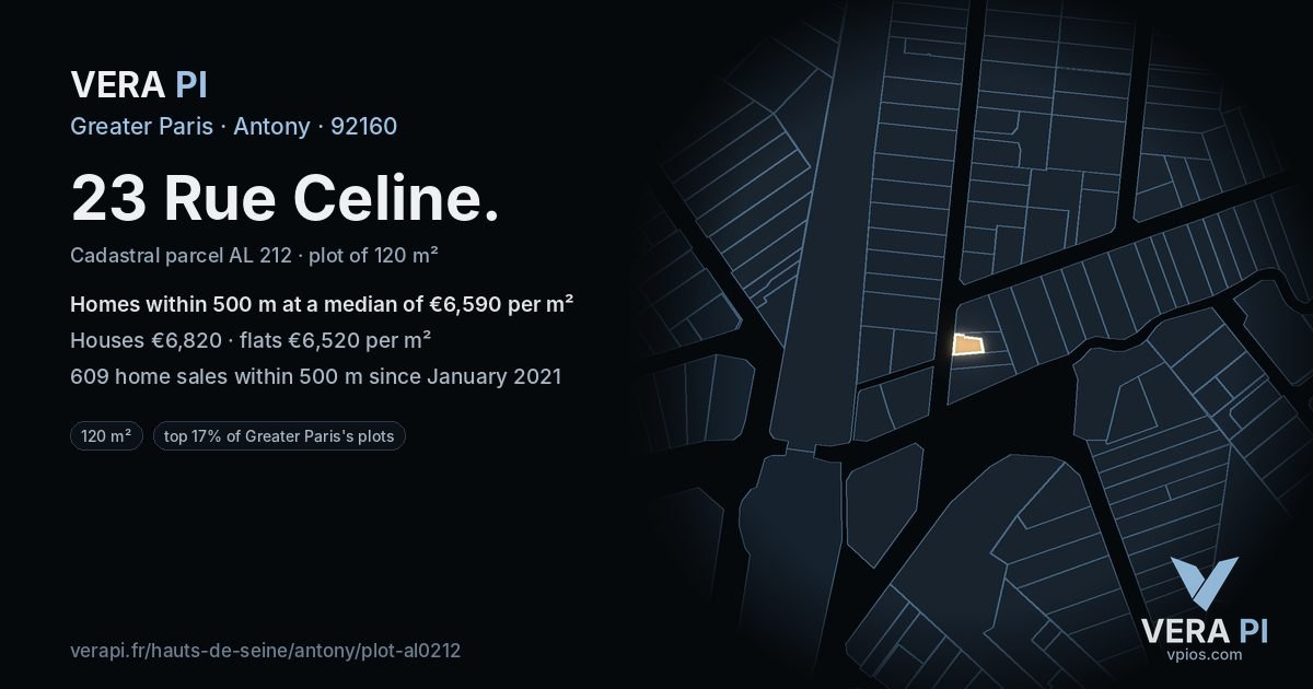 23 Rue Celine, Antony at night – the plot lit, the parcels around coloured by the prices near them