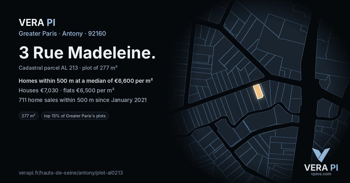 3 Rue Madeleine, Antony at night – the plot lit, the parcels around coloured by the prices near them