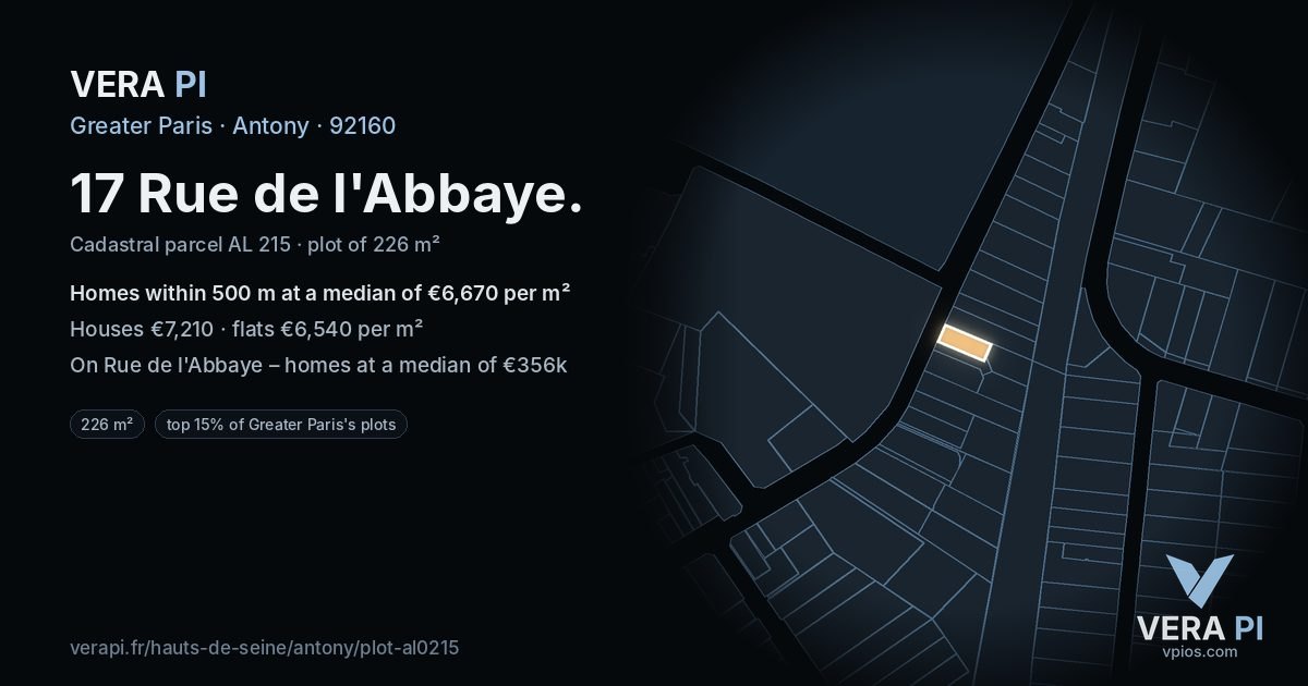 17 Rue de l'Abbaye, Antony at night – the plot lit, the parcels around coloured by the prices near them