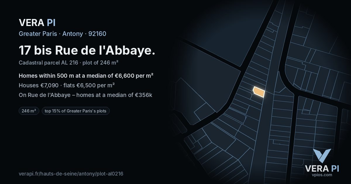 17 bis Rue de l'Abbaye, Antony at night – the plot lit, the parcels around coloured by the prices near them