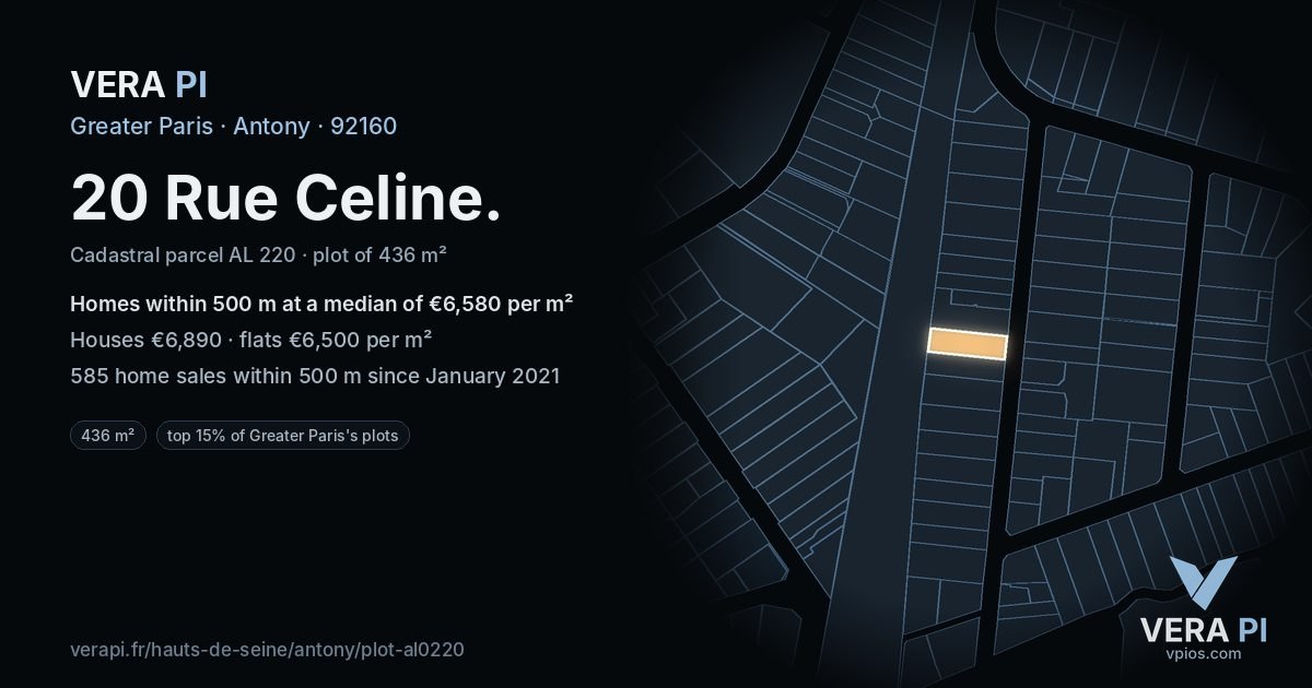 20 Rue Celine, Antony at night – the plot lit, the parcels around coloured by the prices near them