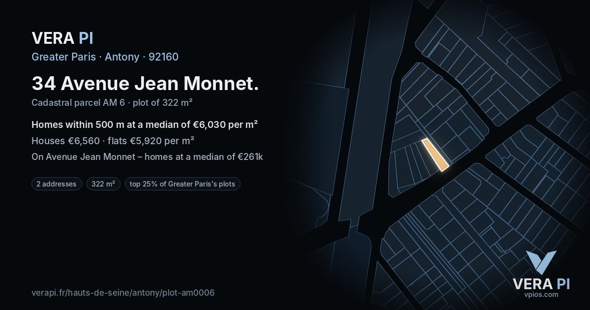 34 Avenue Jean Monnet, Antony at night – the plot lit, the parcels around coloured by the prices near them