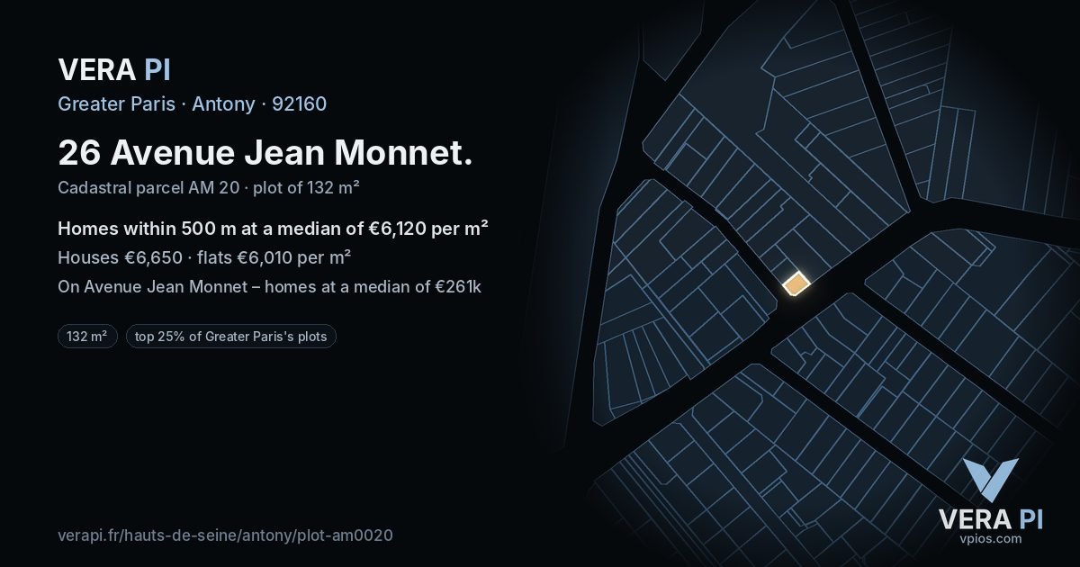 26 Avenue Jean Monnet, Antony at night – the plot lit, the parcels around coloured by the prices near them