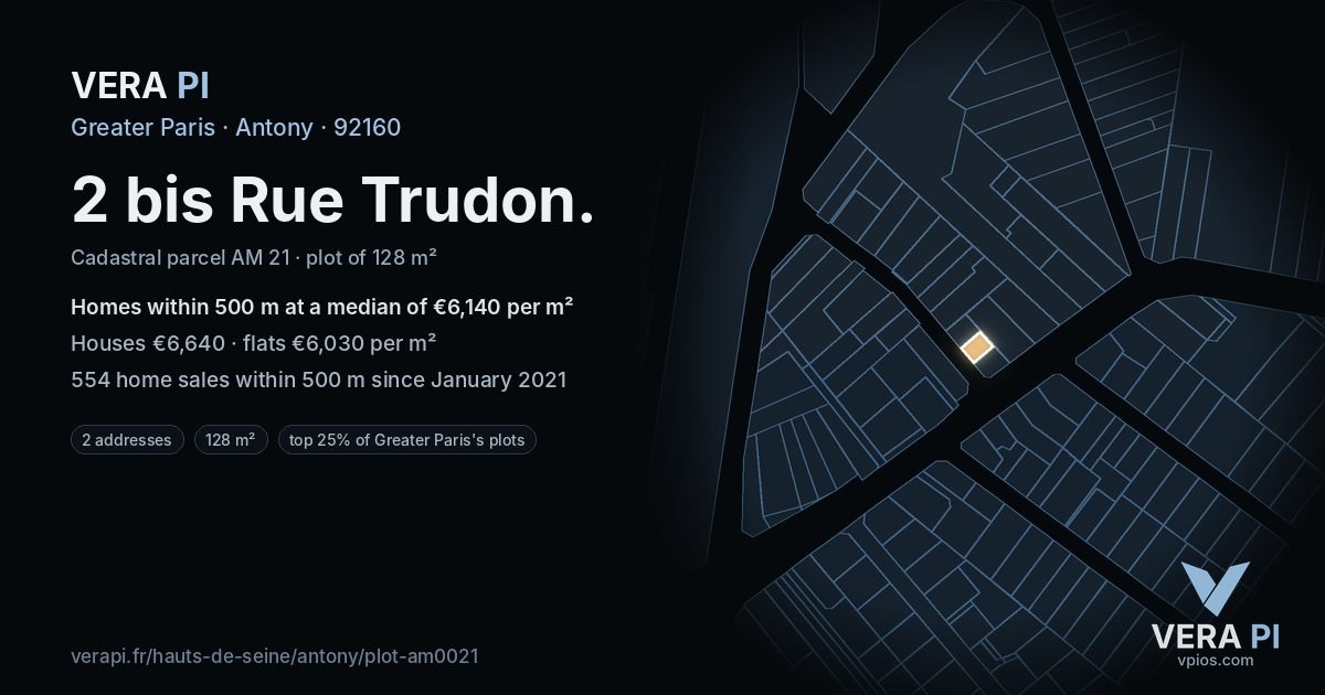 2 bis Rue Trudon, Antony at night – the plot lit, the parcels around coloured by the prices near them