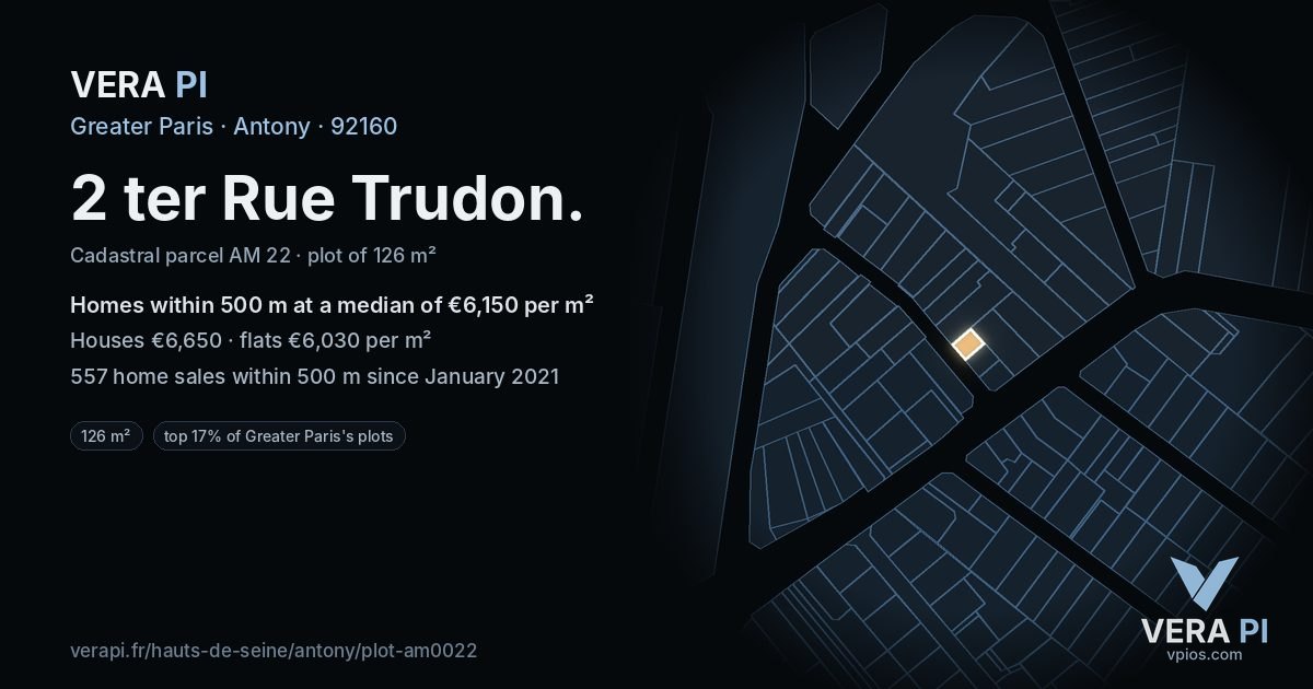 2 ter Rue Trudon, Antony at night – the plot lit, the parcels around coloured by the prices near them