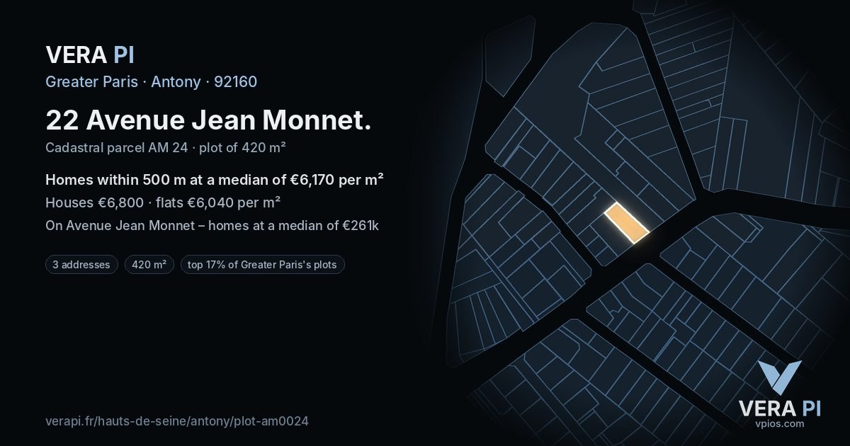 22 Avenue Jean Monnet, Antony at night – the plot lit, the parcels around coloured by the prices near them