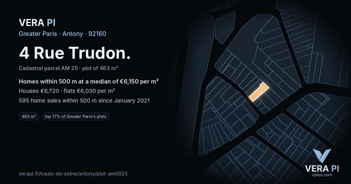 4 Rue Trudon, Antony at night – the plot lit, the parcels around coloured by the prices near them