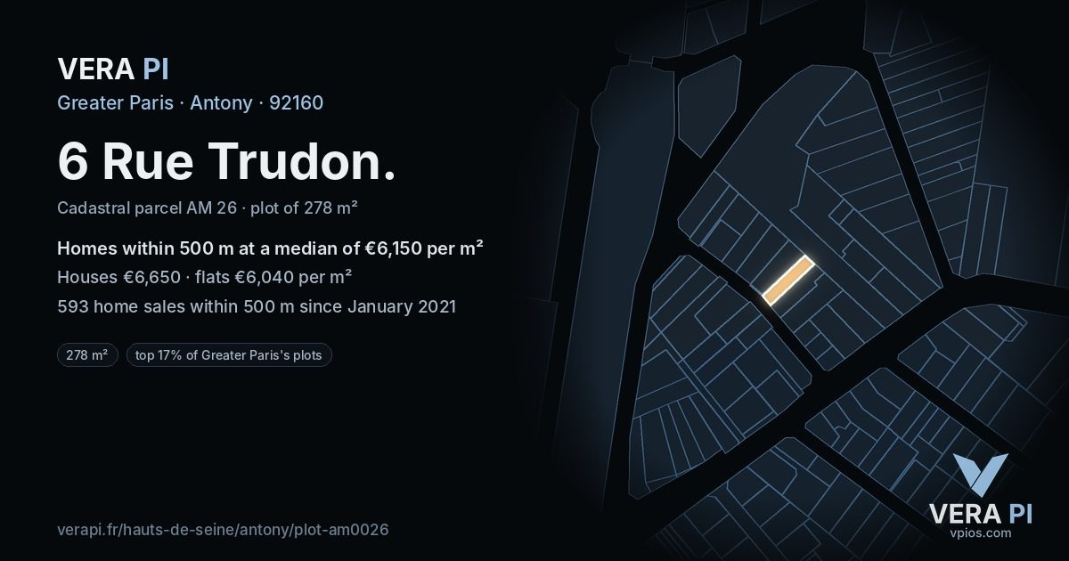 6 Rue Trudon, Antony at night – the plot lit, the parcels around coloured by the prices near them