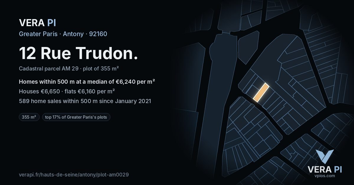 12 Rue Trudon, Antony at night – the plot lit, the parcels around coloured by the prices near them
