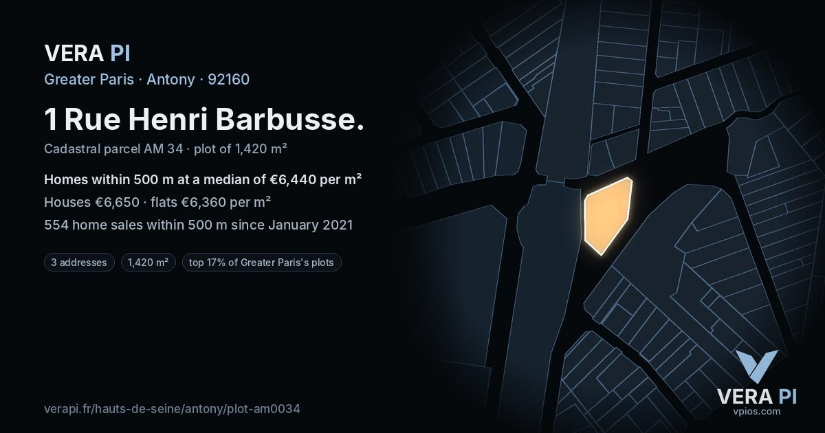 1 Rue Henri Barbusse, Antony at night – the plot lit, the parcels around coloured by the prices near them