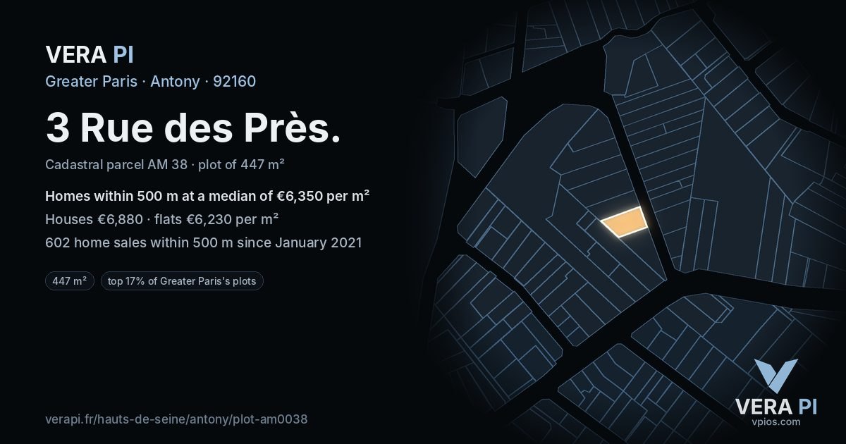 3 Rue des Près, Antony at night – the plot lit, the parcels around coloured by the prices near them