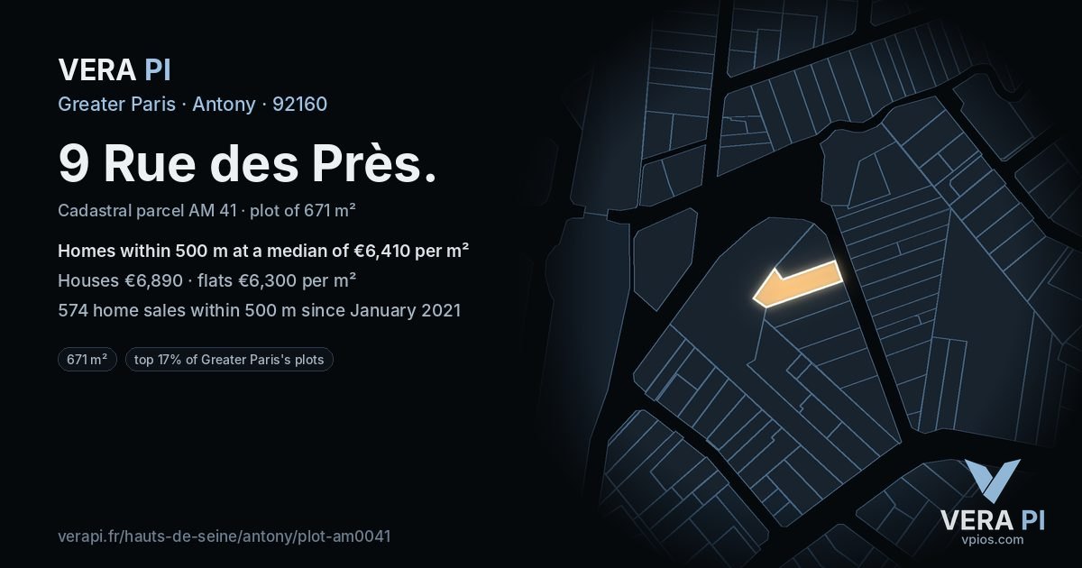 9 Rue des Près, Antony at night – the plot lit, the parcels around coloured by the prices near them