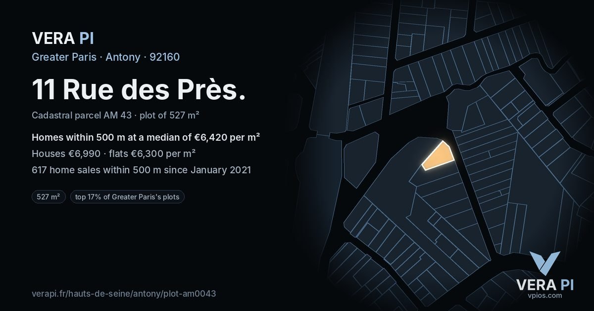 11 Rue des Près, Antony at night – the plot lit, the parcels around coloured by the prices near them