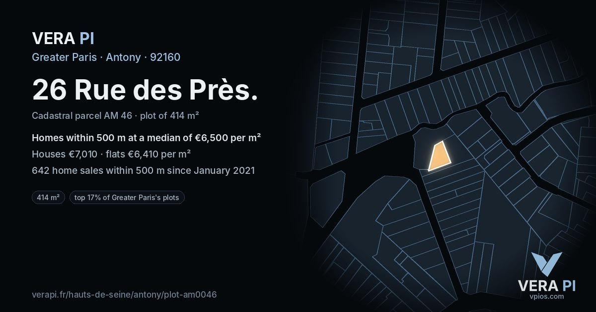 26 Rue des Près, Antony at night – the plot lit, the parcels around coloured by the prices near them