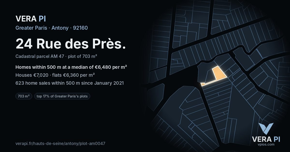 24 Rue des Près, Antony at night – the plot lit, the parcels around coloured by the prices near them