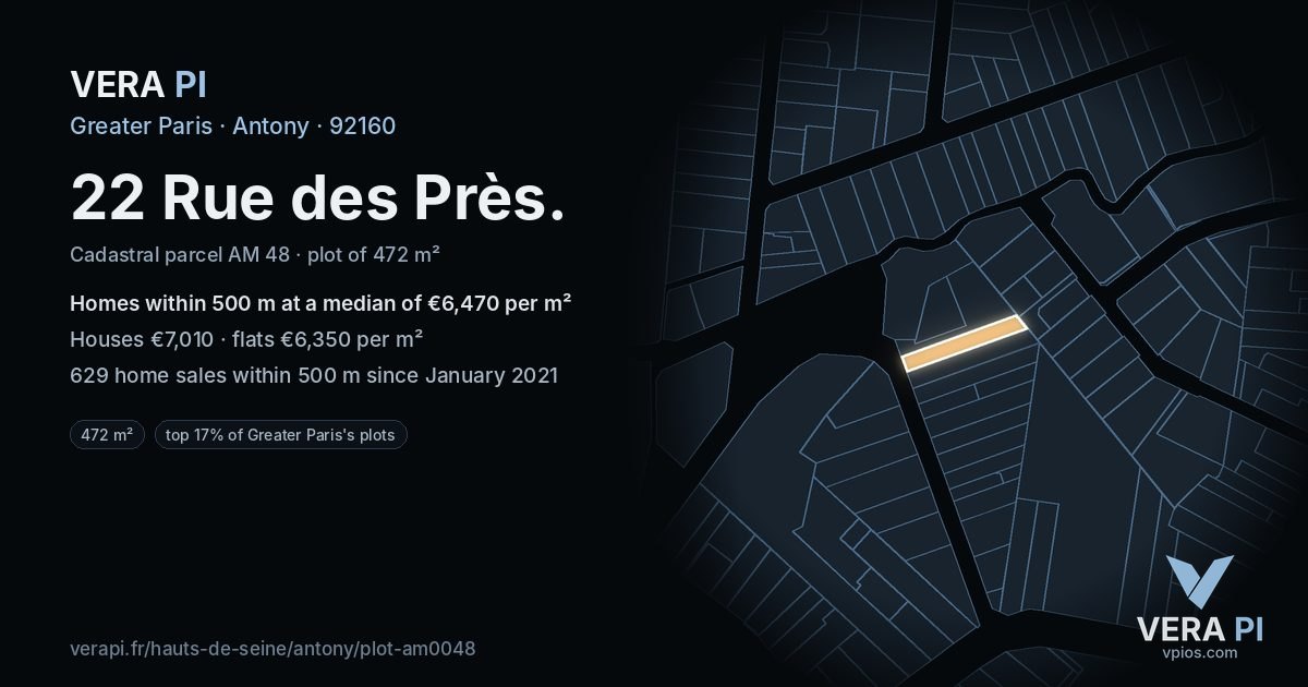 22 Rue des Près, Antony at night – the plot lit, the parcels around coloured by the prices near them