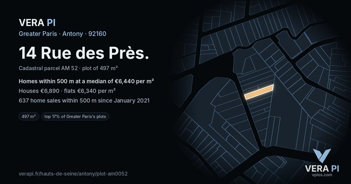 14 Rue des Près, Antony at night – the plot lit, the parcels around coloured by the prices near them