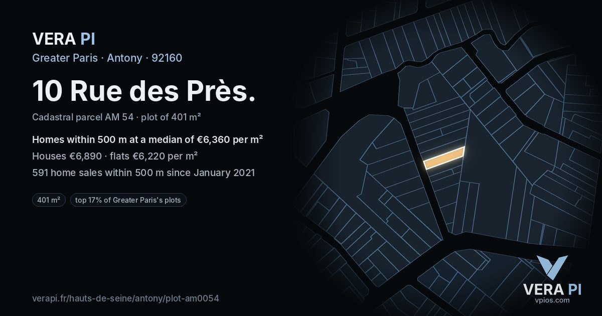 10 Rue des Près, Antony at night – the plot lit, the parcels around coloured by the prices near them