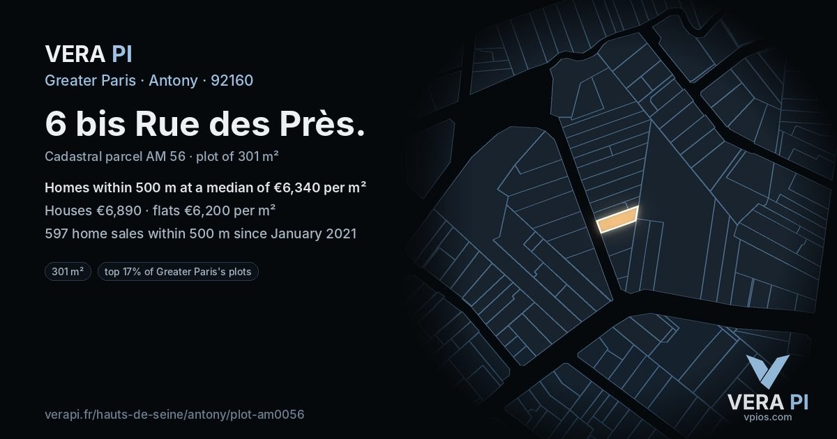 6 bis Rue des Près, Antony at night – the plot lit, the parcels around coloured by the prices near them