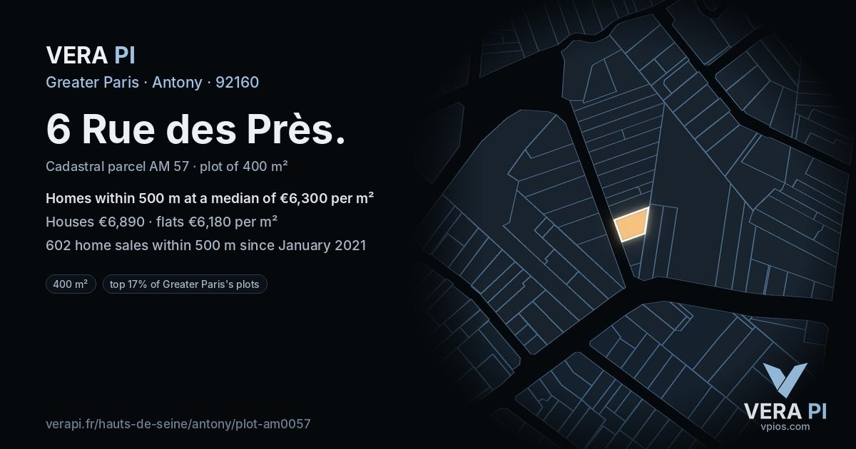 6 Rue des Près, Antony at night – the plot lit, the parcels around coloured by the prices near them