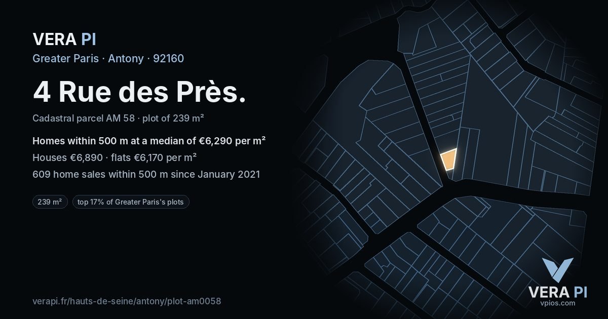 4 Rue des Près, Antony at night – the plot lit, the parcels around coloured by the prices near them