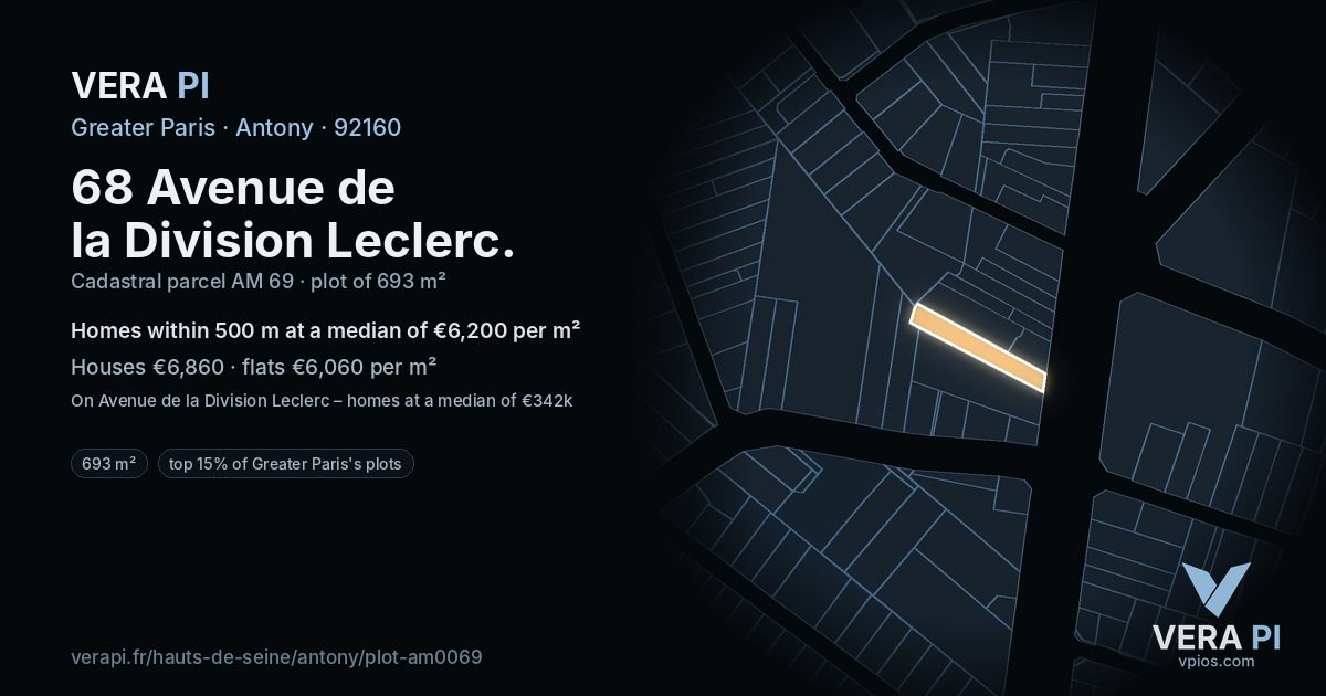 68 Avenue de la Division Leclerc, Antony at night – the plot lit, the parcels around coloured by the prices near them