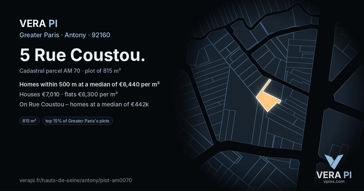 5 Rue Coustou, Antony at night – the plot lit, the parcels around coloured by the prices near them