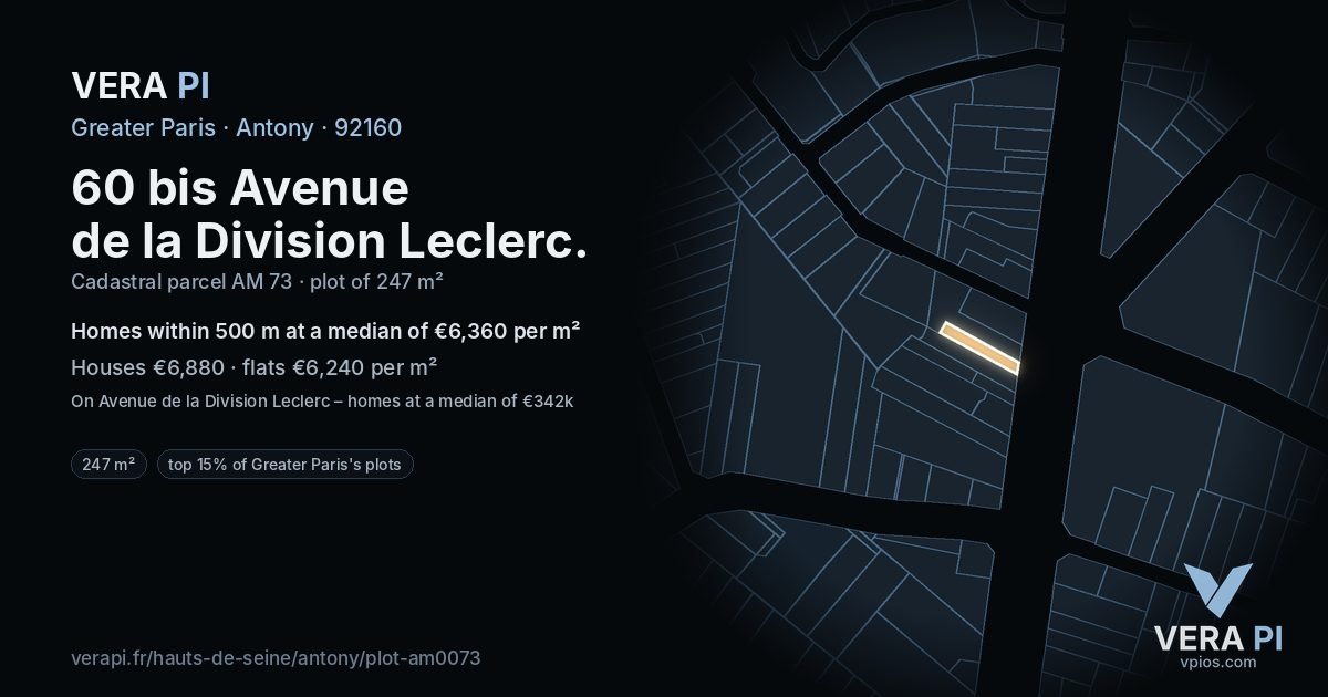 60 bis Avenue de la Division Leclerc, Antony at night – the plot lit, the parcels around coloured by the prices near them