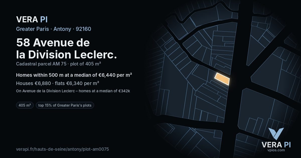 58 Avenue de la Division Leclerc, Antony at night – the plot lit, the parcels around coloured by the prices near them