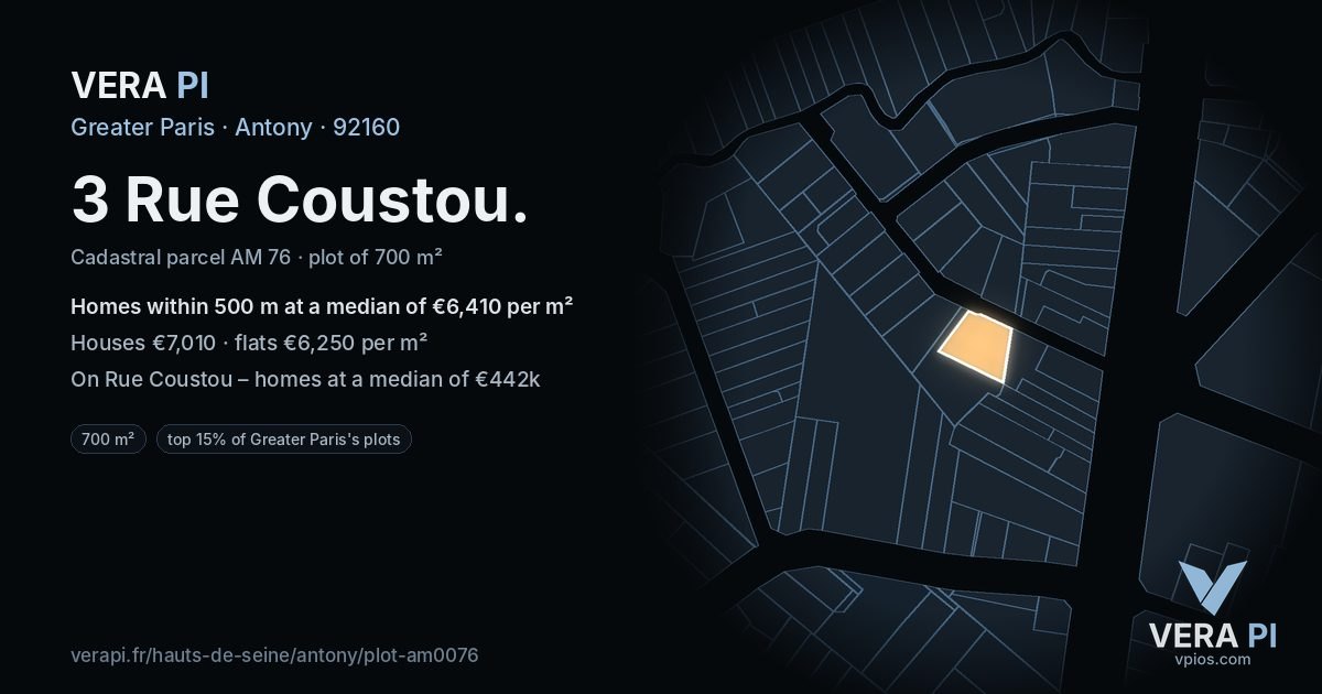 3 Rue Coustou, Antony at night – the plot lit, the parcels around coloured by the prices near them