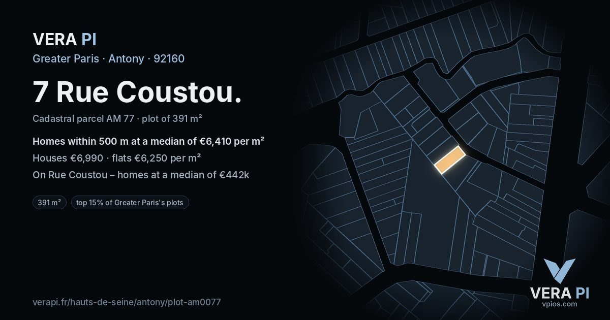 7 Rue Coustou, Antony at night – the plot lit, the parcels around coloured by the prices near them