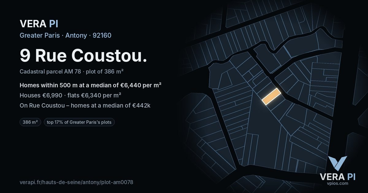9 Rue Coustou, Antony at night – the plot lit, the parcels around coloured by the prices near them