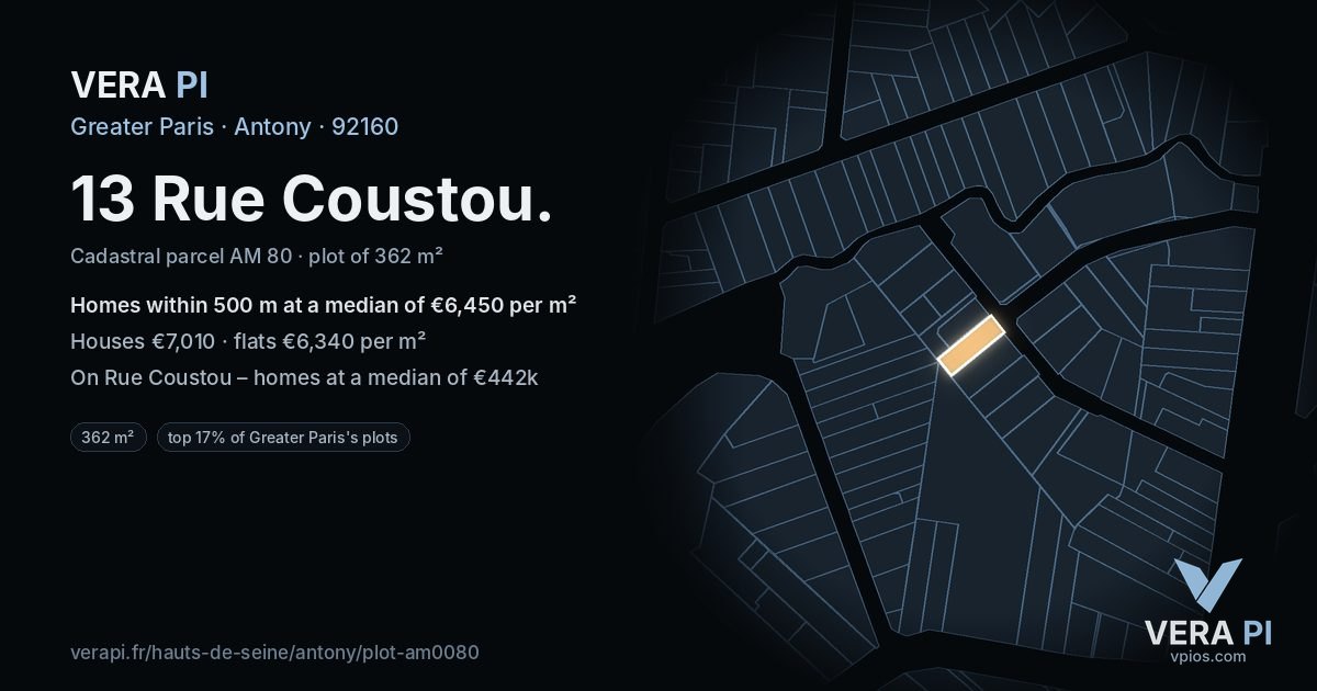 13 Rue Coustou, Antony at night – the plot lit, the parcels around coloured by the prices near them