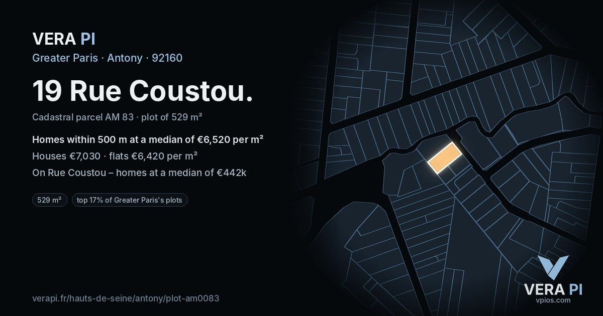 19 Rue Coustou, Antony at night – the plot lit, the parcels around coloured by the prices near them