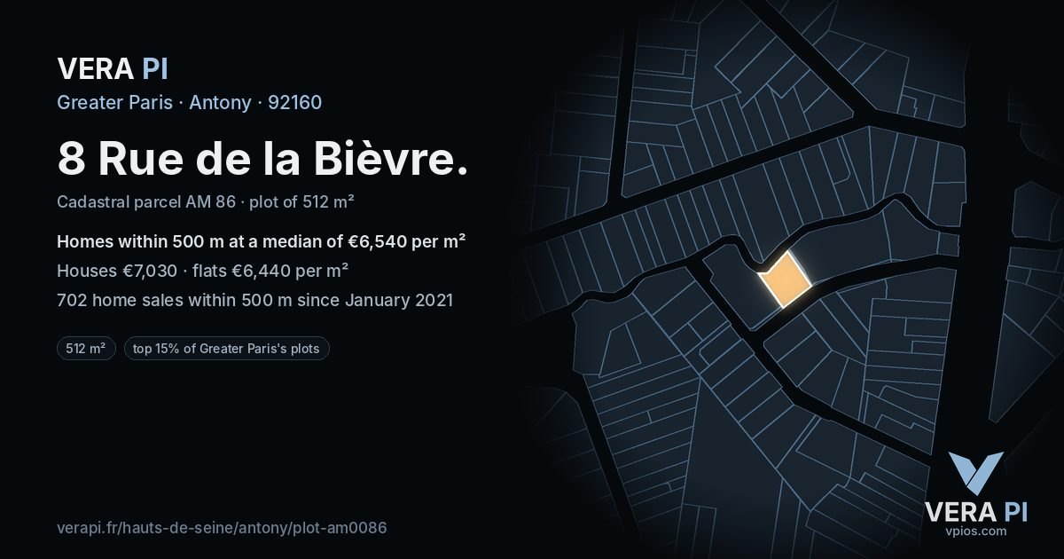 8 Rue de la Bièvre, Antony at night – the plot lit, the parcels around coloured by the prices near them