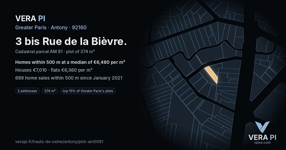 3 bis Rue de la Bièvre, Antony at night – the plot lit, the parcels around coloured by the prices near them