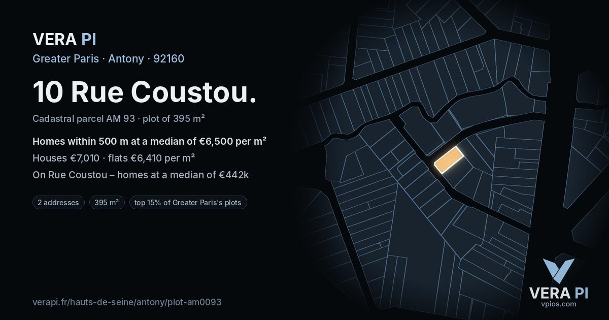 10 Rue Coustou, Antony at night – the plot lit, the parcels around coloured by the prices near them