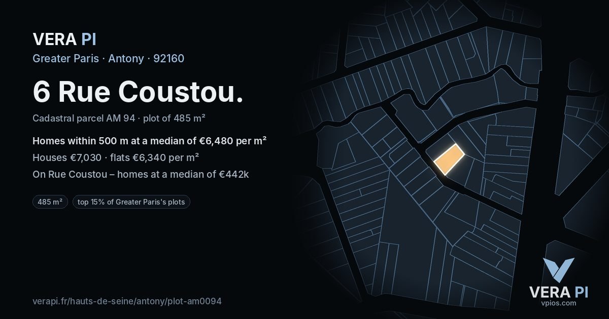 6 Rue Coustou, Antony at night – the plot lit, the parcels around coloured by the prices near them
