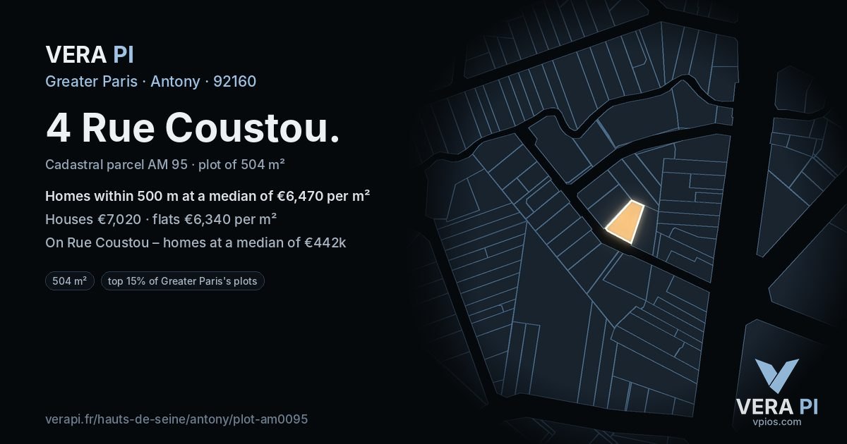 4 Rue Coustou, Antony at night – the plot lit, the parcels around coloured by the prices near them