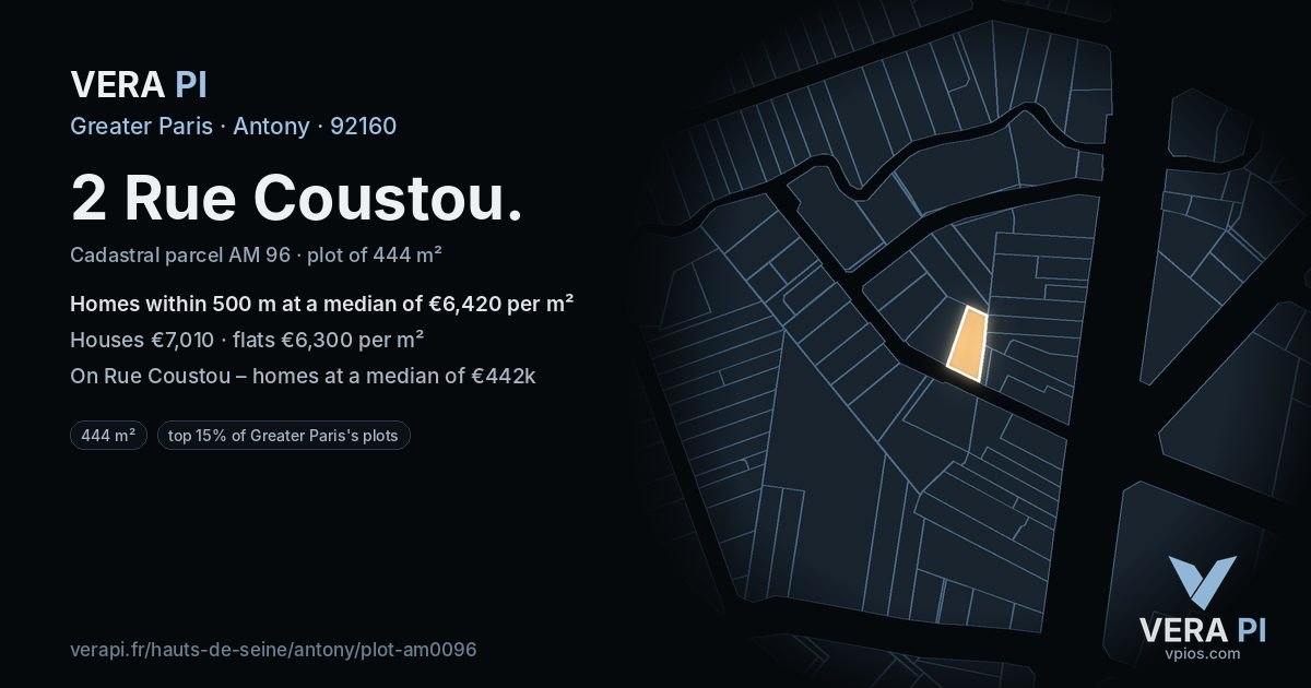 2 Rue Coustou, Antony at night – the plot lit, the parcels around coloured by the prices near them