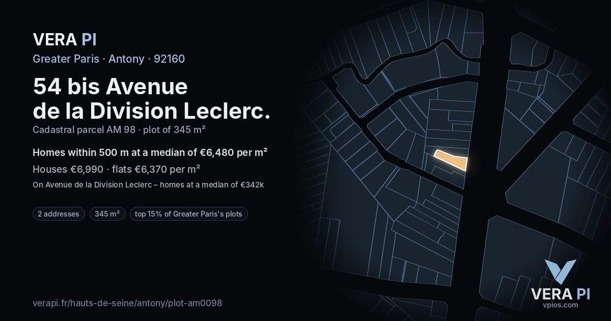 54 bis Avenue de la Division Leclerc, Antony at night – the plot lit, the parcels around coloured by the prices near them