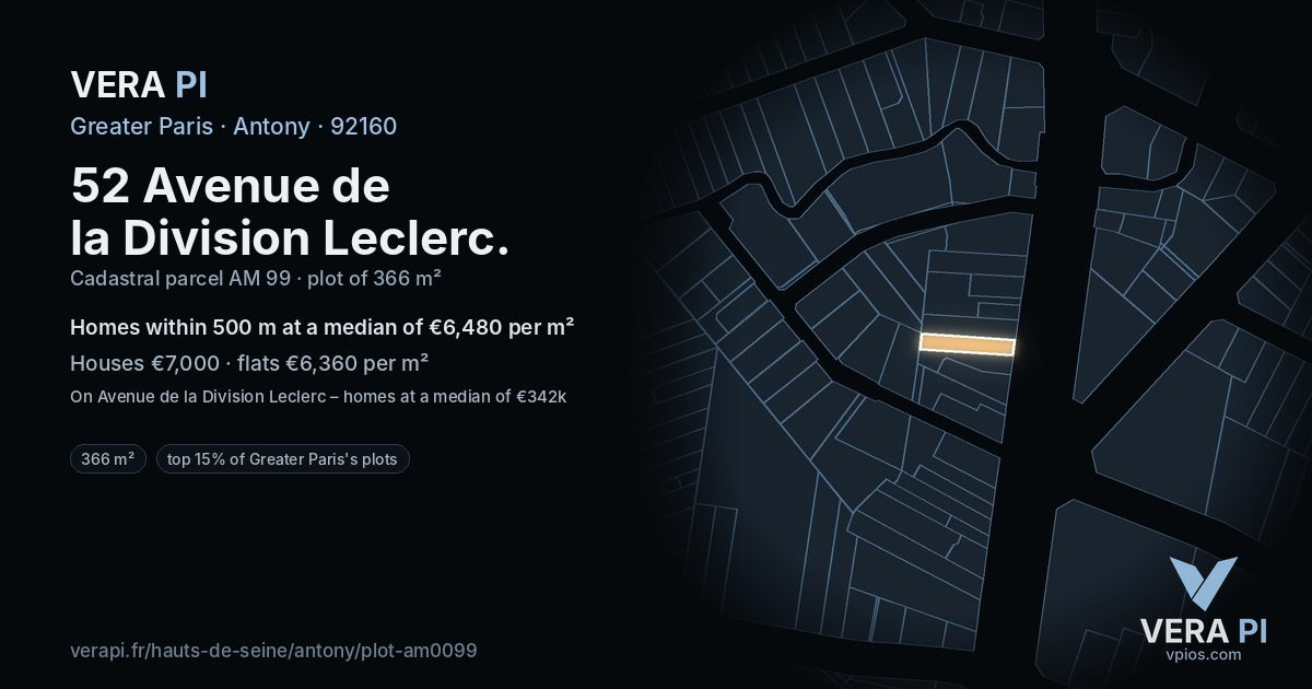 52 Avenue de la Division Leclerc, Antony at night – the plot lit, the parcels around coloured by the prices near them